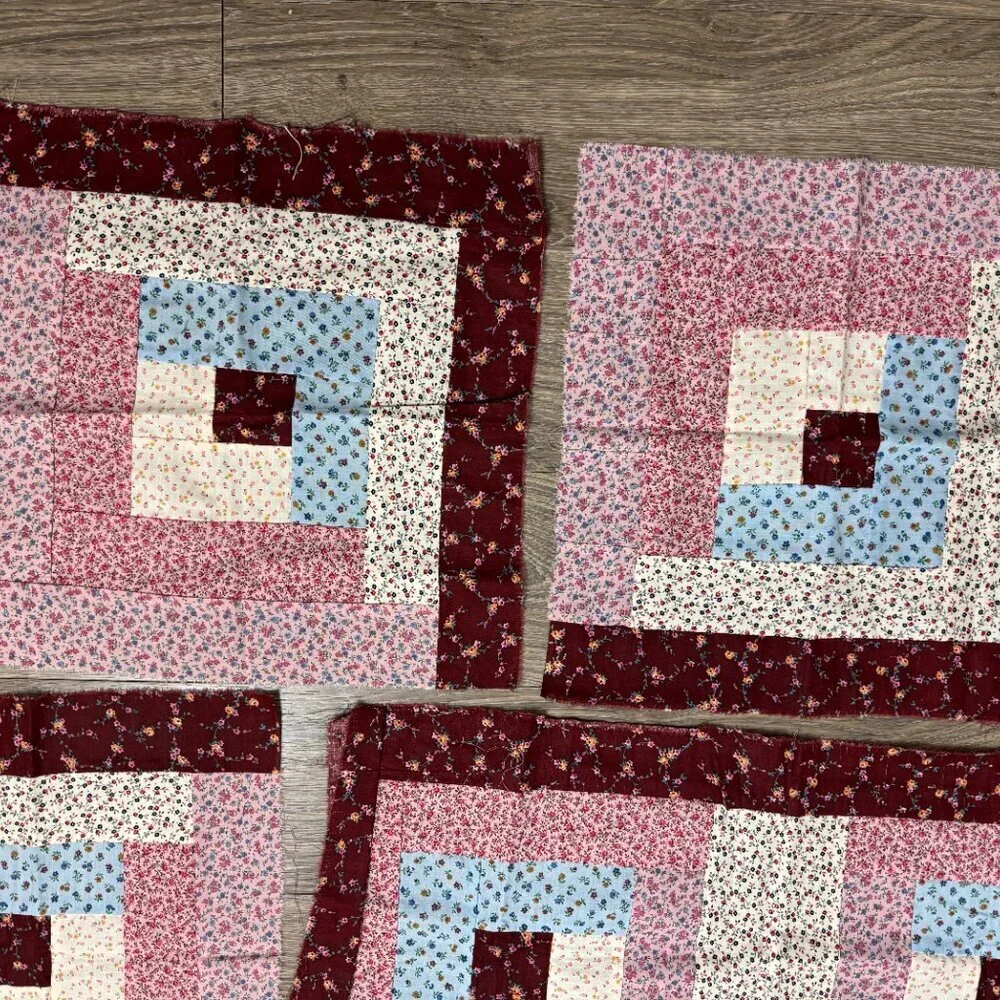 Vintage Handmade Set of 4 Pillow Square Fabric Cotton Panel Flowers Farmhouse